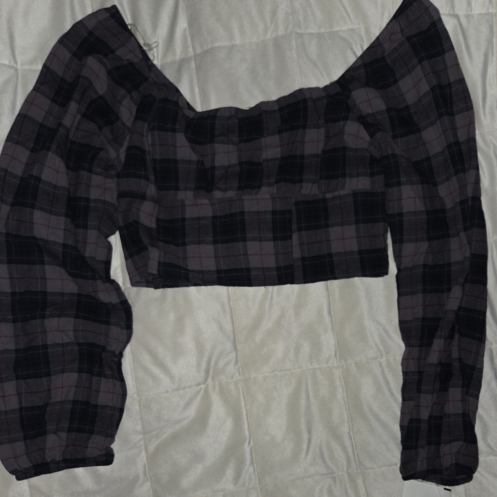 MAUBY Plaid Smocked Crop Top Off Shoulder Puff Sleeve Size Large NWT
